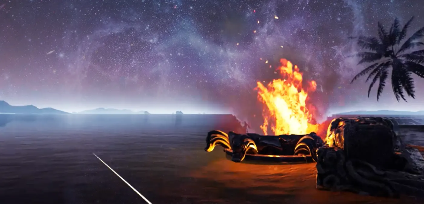 An altar fire beside still water beneath a violet galaxy