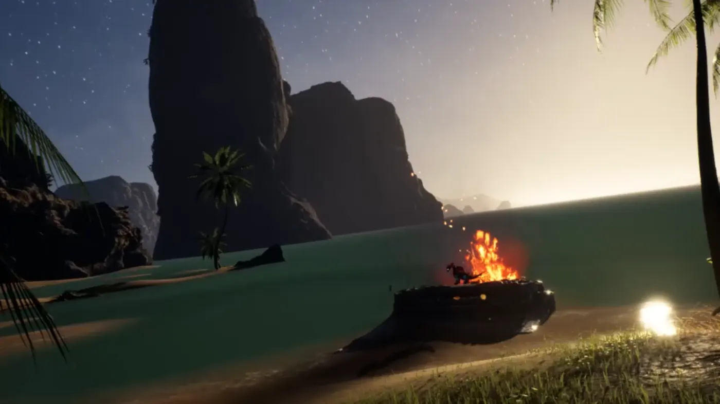 An altar fire on a green island shore at sunrise