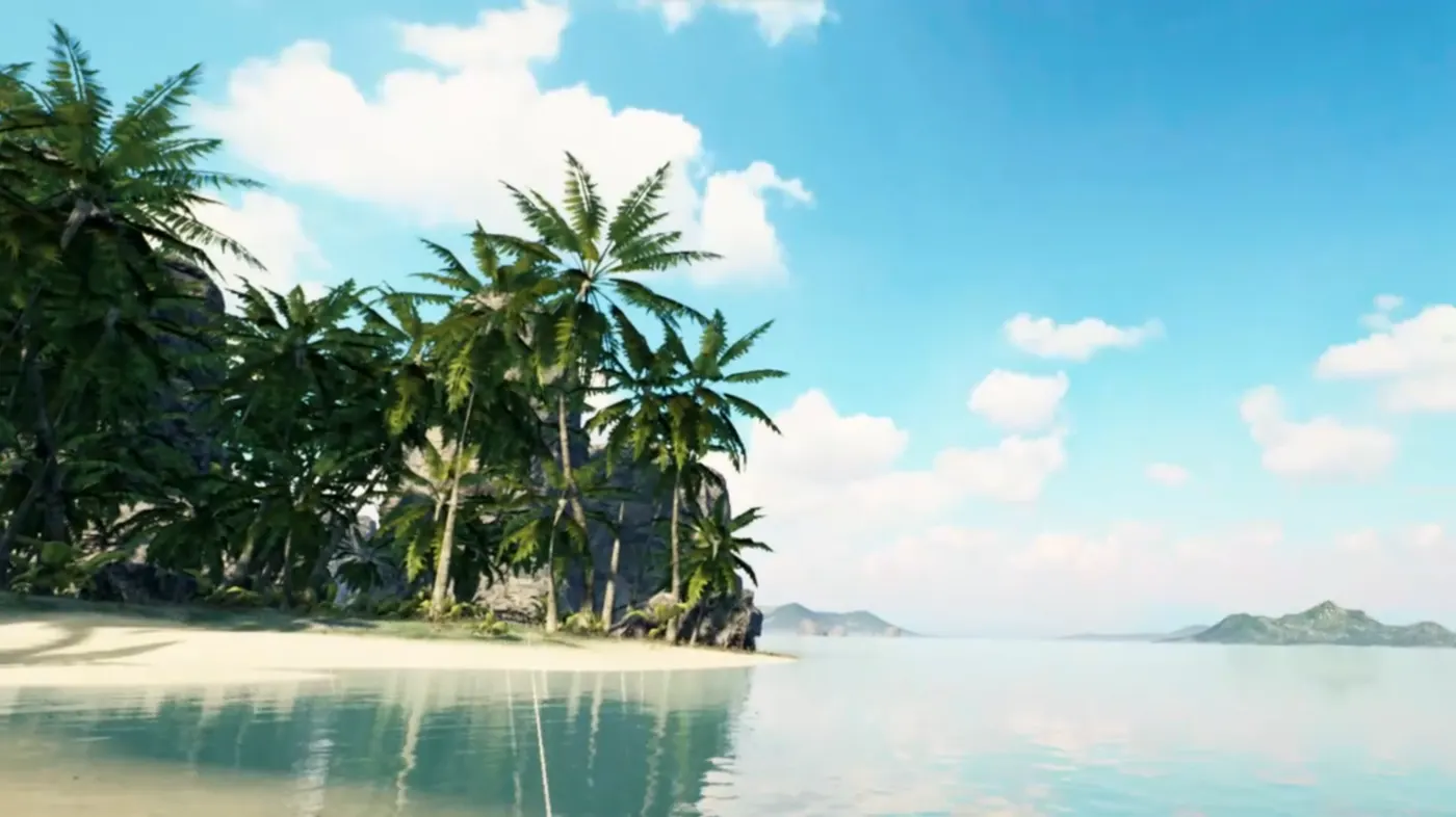 A sunlit tropical beach with turquoise water