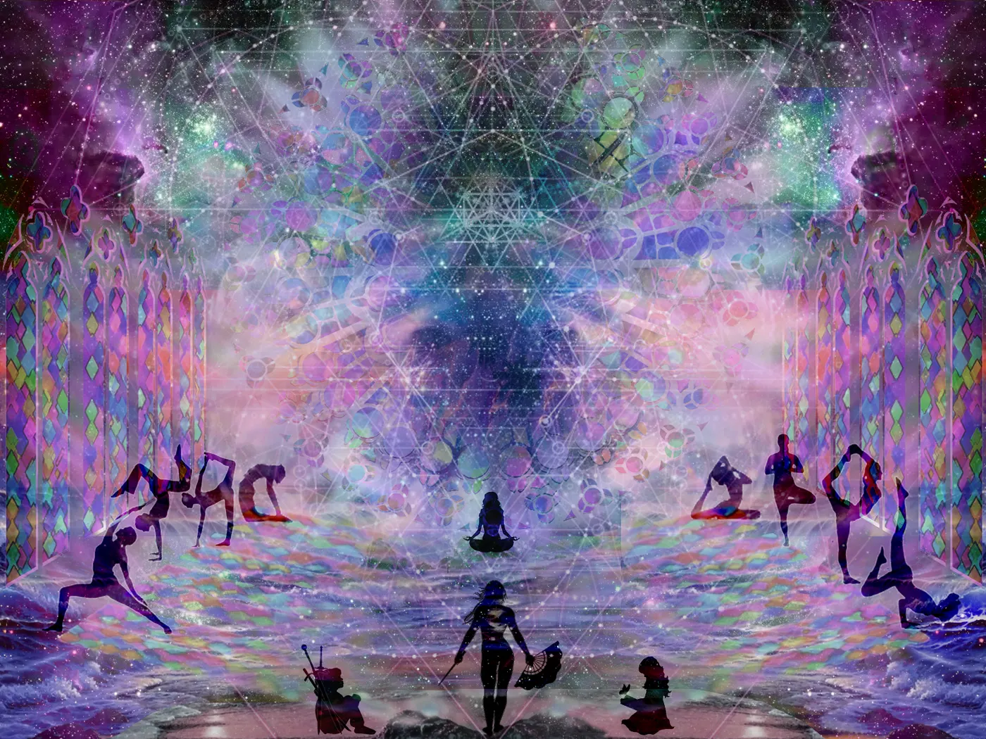 A visionary cosmic chapel of fractal light, with figures in contemplative poses