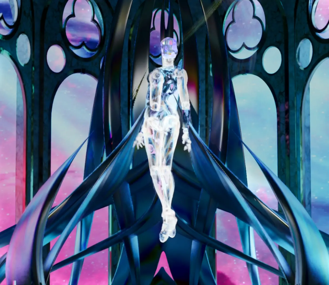 A crystalline figure seated in a gothic chapel of pastel light