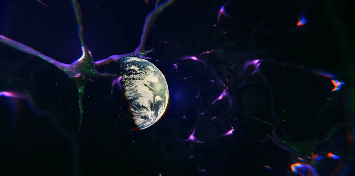 Glowing neurons reaching toward a small blue Earth