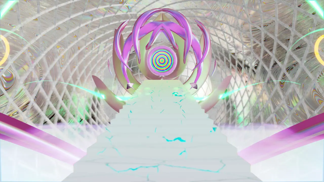 A pastel spiral path leading to a rainbow mandala portal